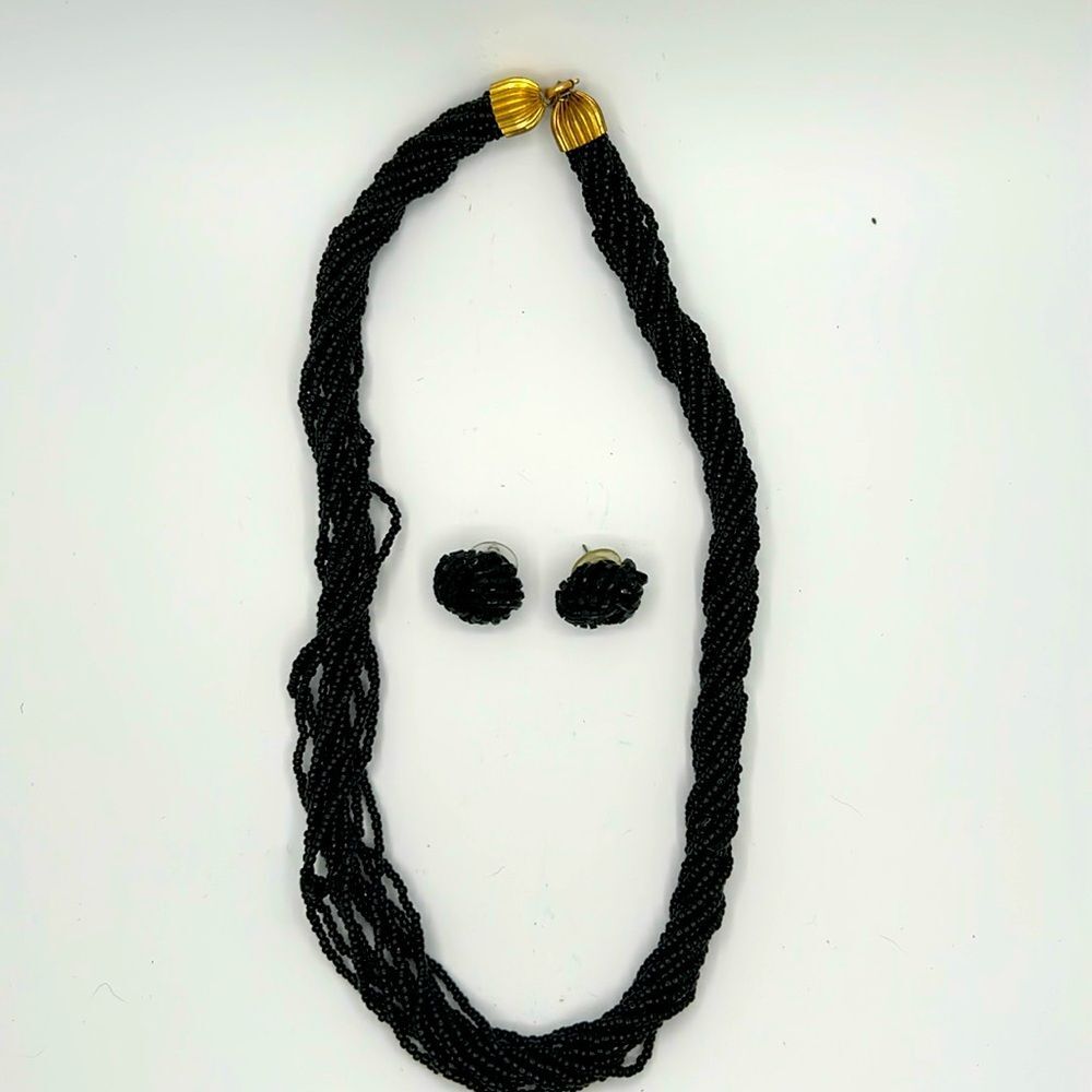 VIntage black glass seed bead necklace and coordinating earring set - 1980s
